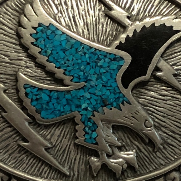 Vintage Inlaid Eagle Silver Belt Buckle with Turquoise - Picture 2 of 8
